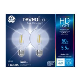 LED Reveal Globe Light Bulbs, Clear Pure White, 500 Lumens, 5.5-Watts, 2-Pk.