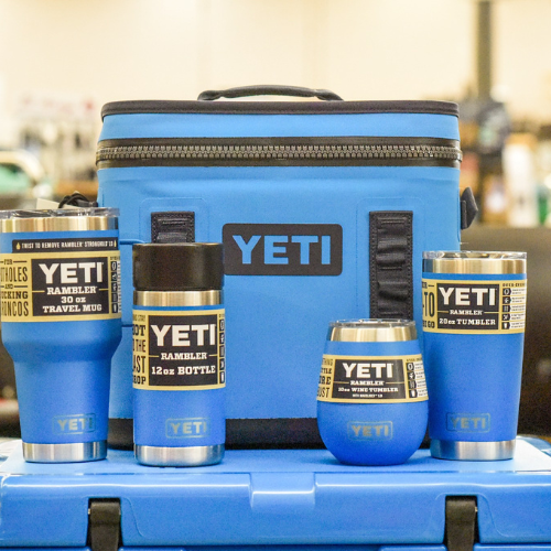 Set of blue Yeti coolers, bottles and tumblers