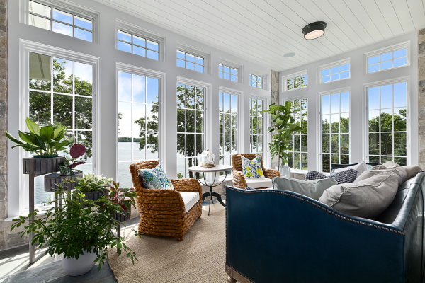 Living room surrounded by windows