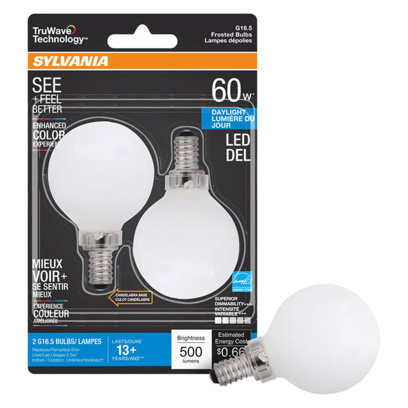 Sylvania TruWave Natural Series Décor G16.5 Light Bulb, 60W, Candelabra Base, Frosted, 5000K