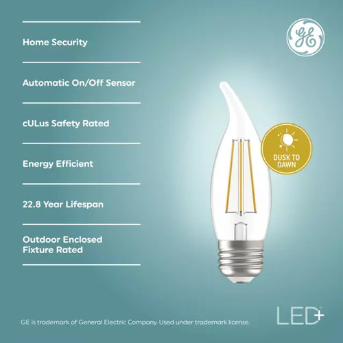 GE LED+ Dusk to Dawn LED Light Bulbs, Security Lights, 60 Watt Replacement, Medium Base, Decorative Candle Bulbs, Daylight (2 Pack)